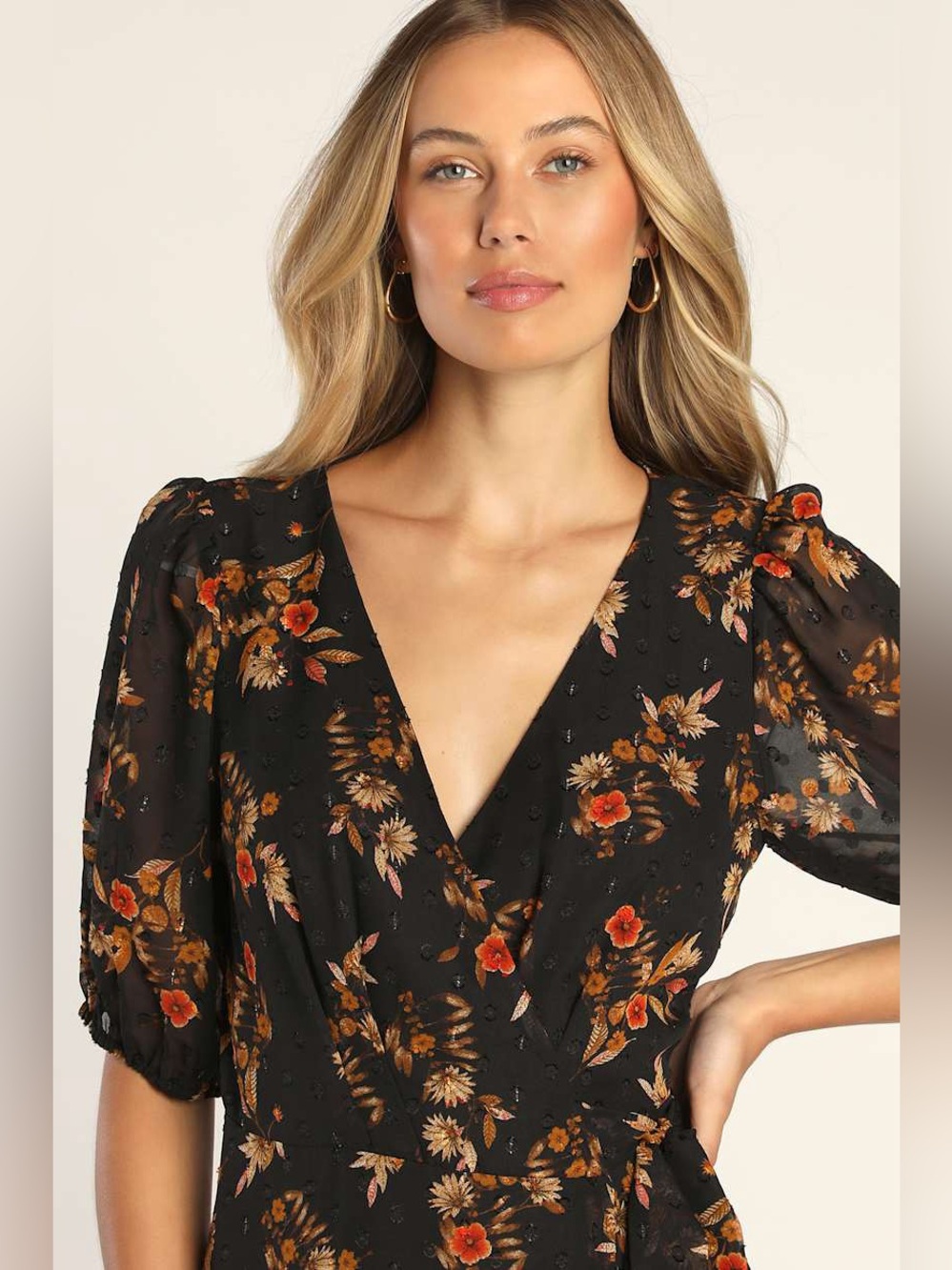 Lulus Seasonal Chic Black Floral Swiss Dot Wrap High-Low Dress - Picture 6 of 12